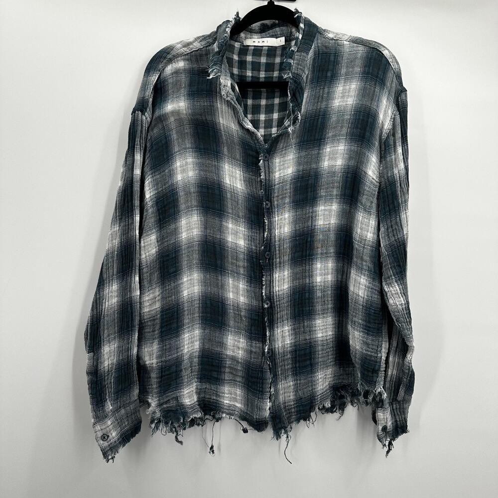 mnml Shirt Womens Large Blue Gray Plaid Frayed Gauze Distressed Button Up Top